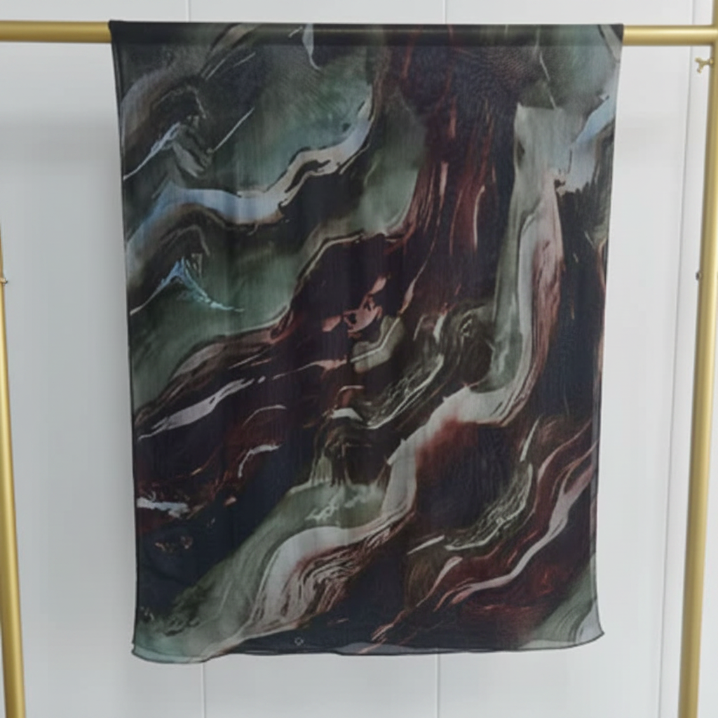 Dark Multicolor Modal Scarf draped on gold rack