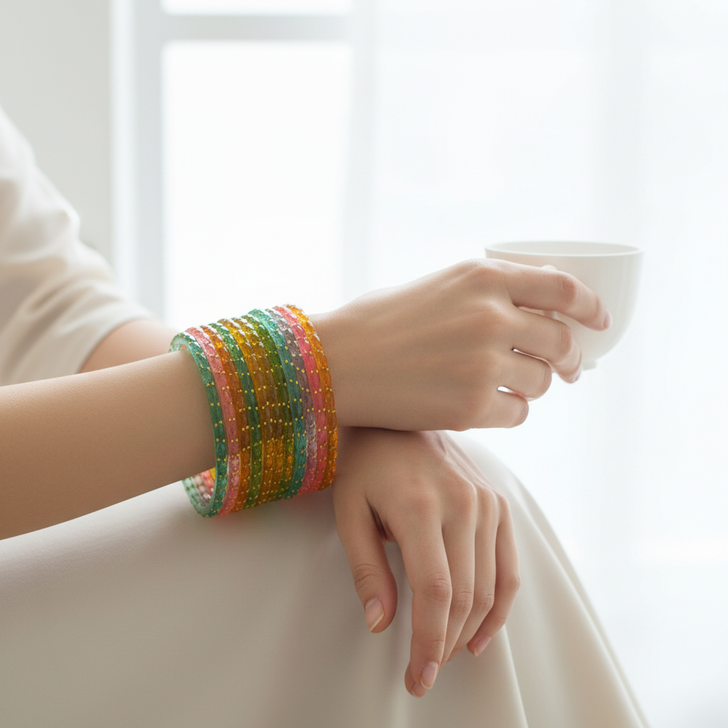 Pastel multicolor raindrop bangles worn on a wrist