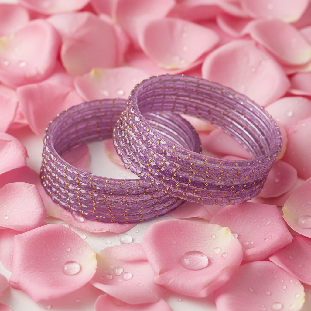 Lavender bangles on pink rose background