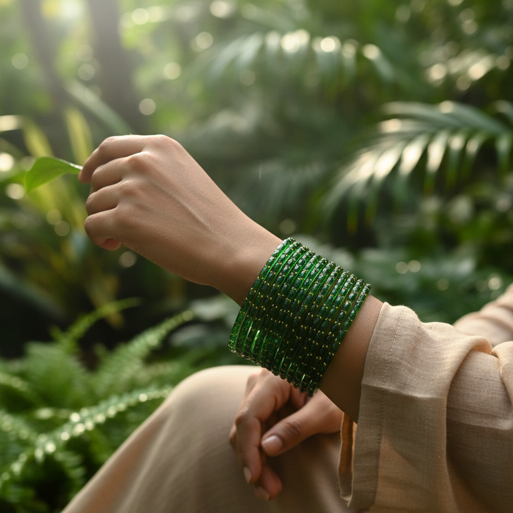 Dark green bangles worn on wrist