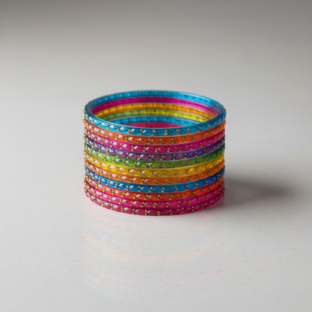 Multicolor glitter bangles flat lay stack