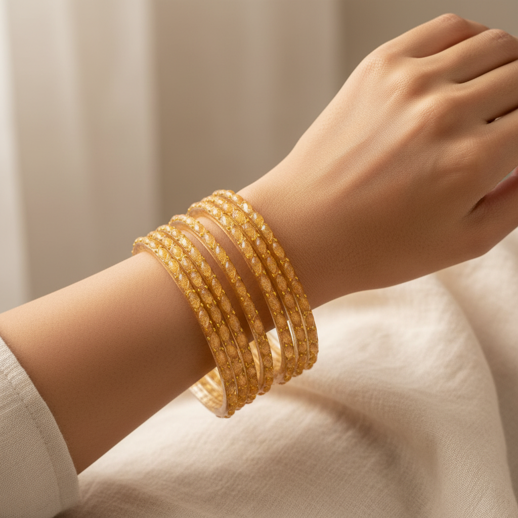 Golden yellow bangles worn on wrist