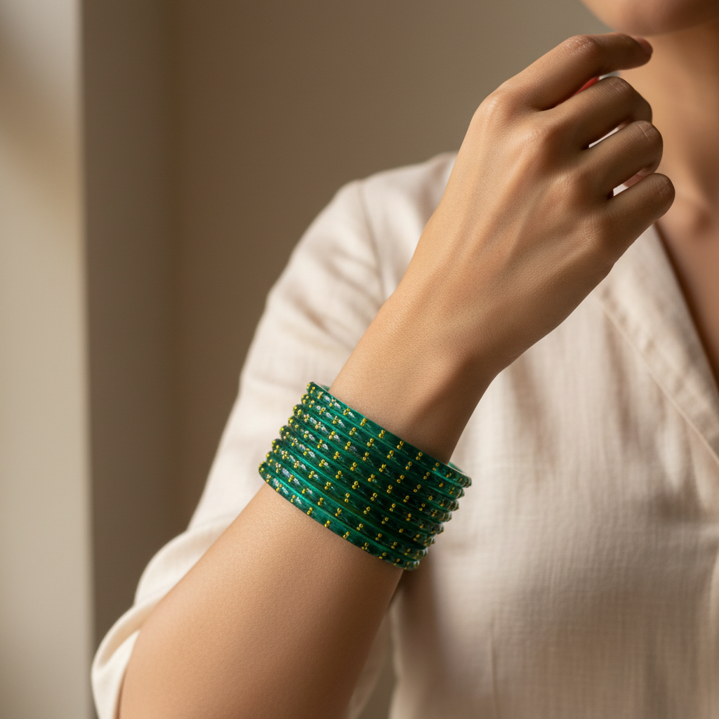 Dark seafoam green bangles worn on wrist