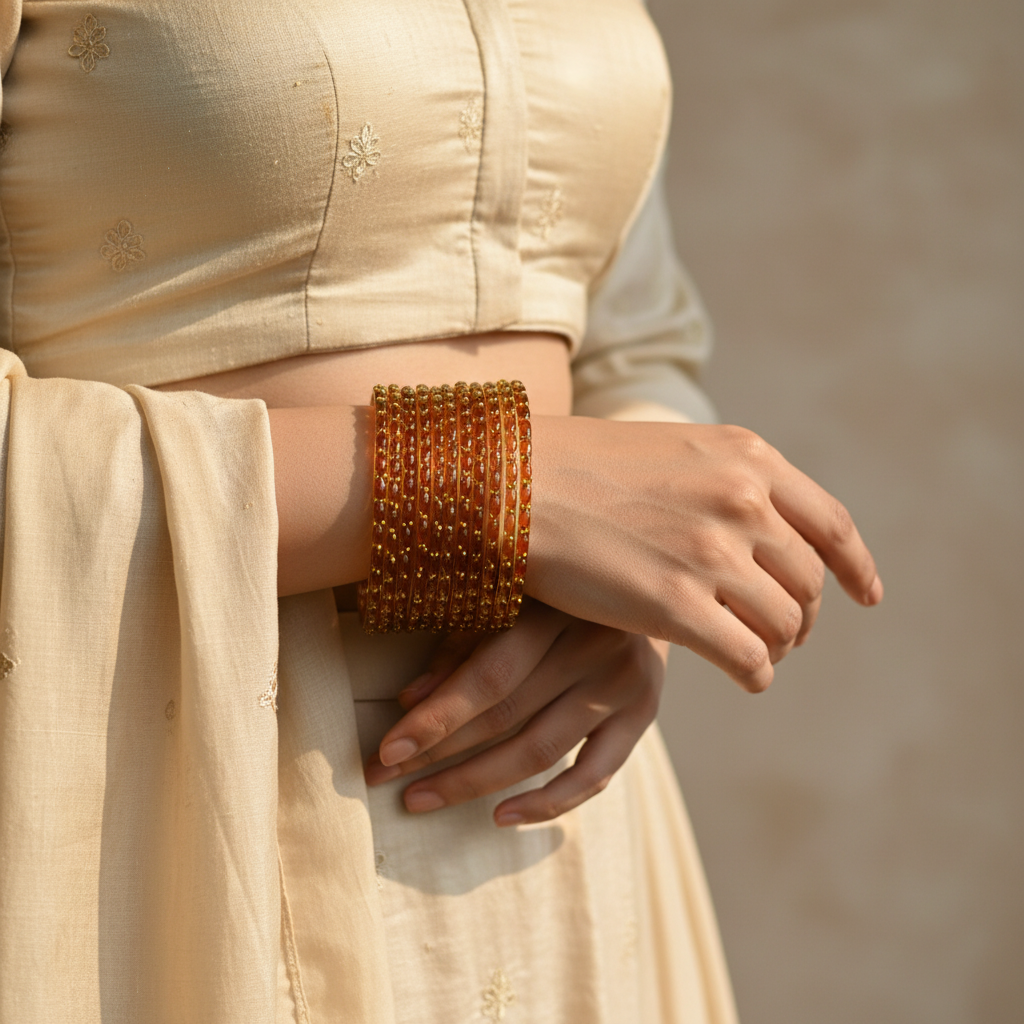 Rust bangles worn on wrist