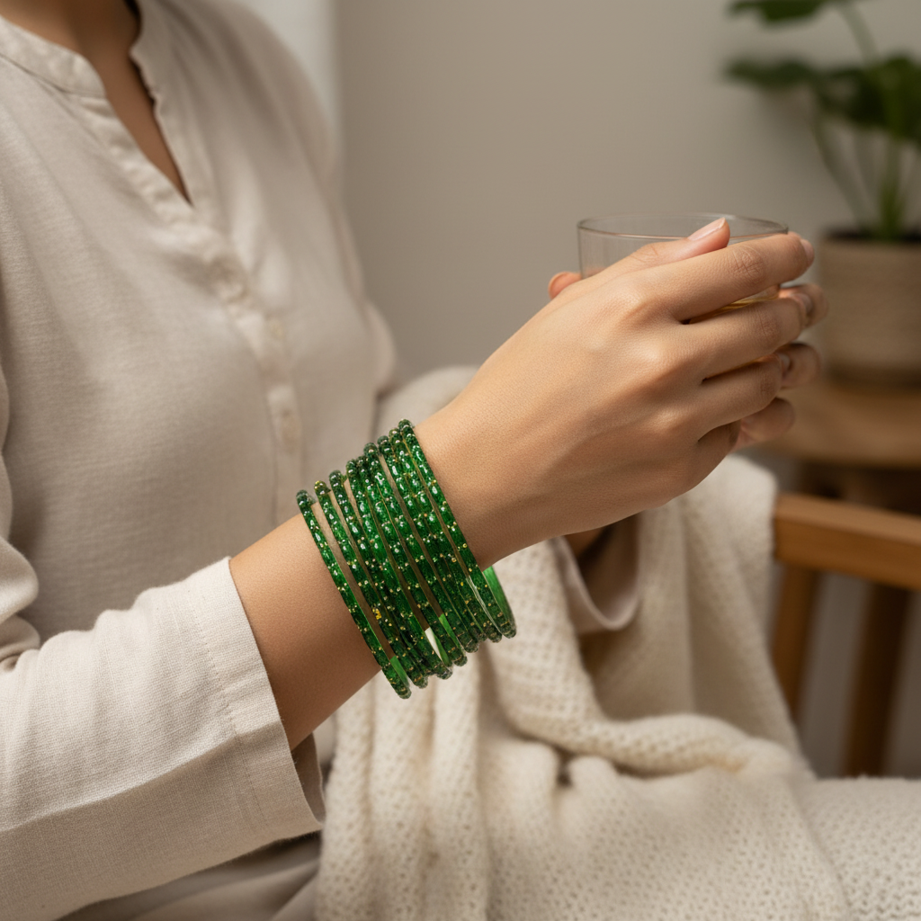 Green bangles worn on wrist