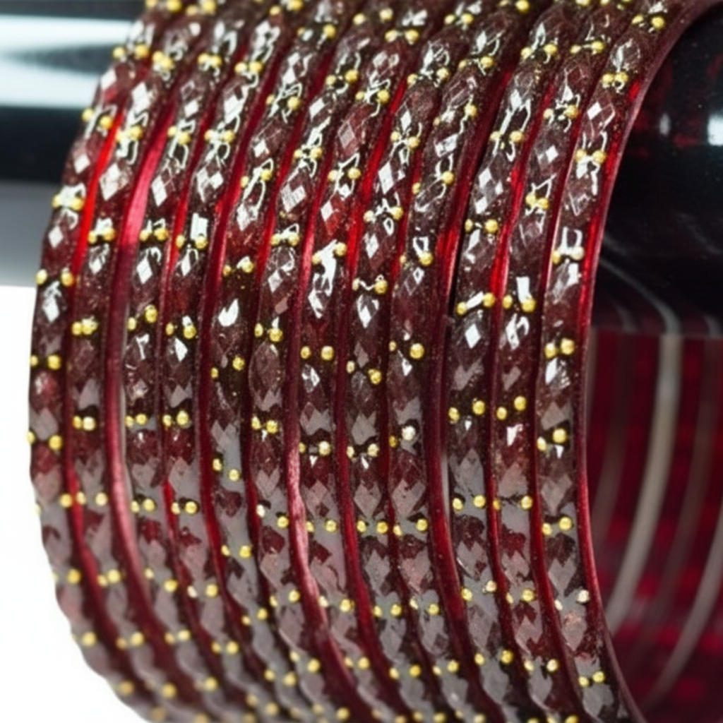 Close up of maroon raindrop glass bangles