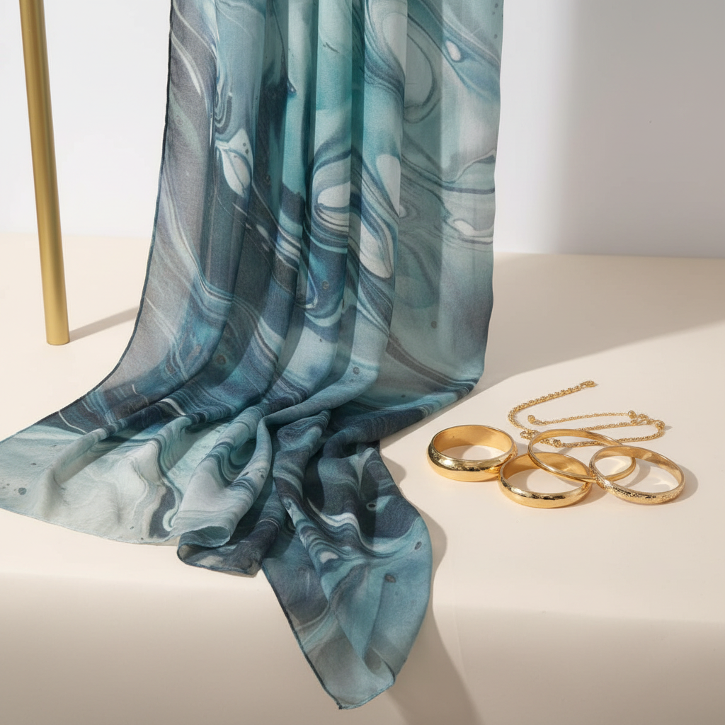 Multicolor Blue Modal Scarf styled with gold bangles
