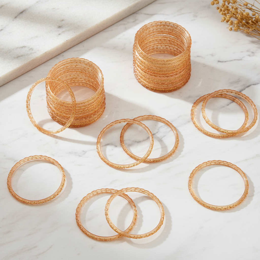 Peach raindrop glass bangles flat lay on marble
