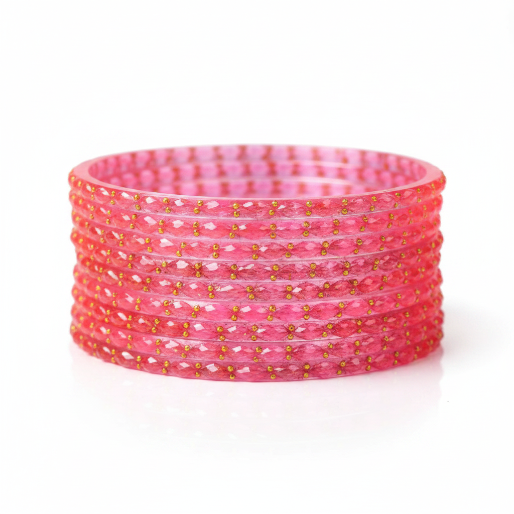 Close up of neon pink raindrop glass bangles