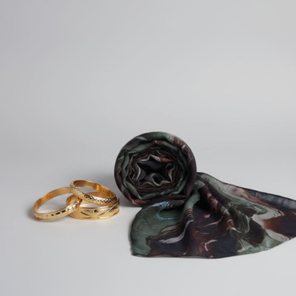 Dark Multicolor Modal Scarf rolled with gold bangles