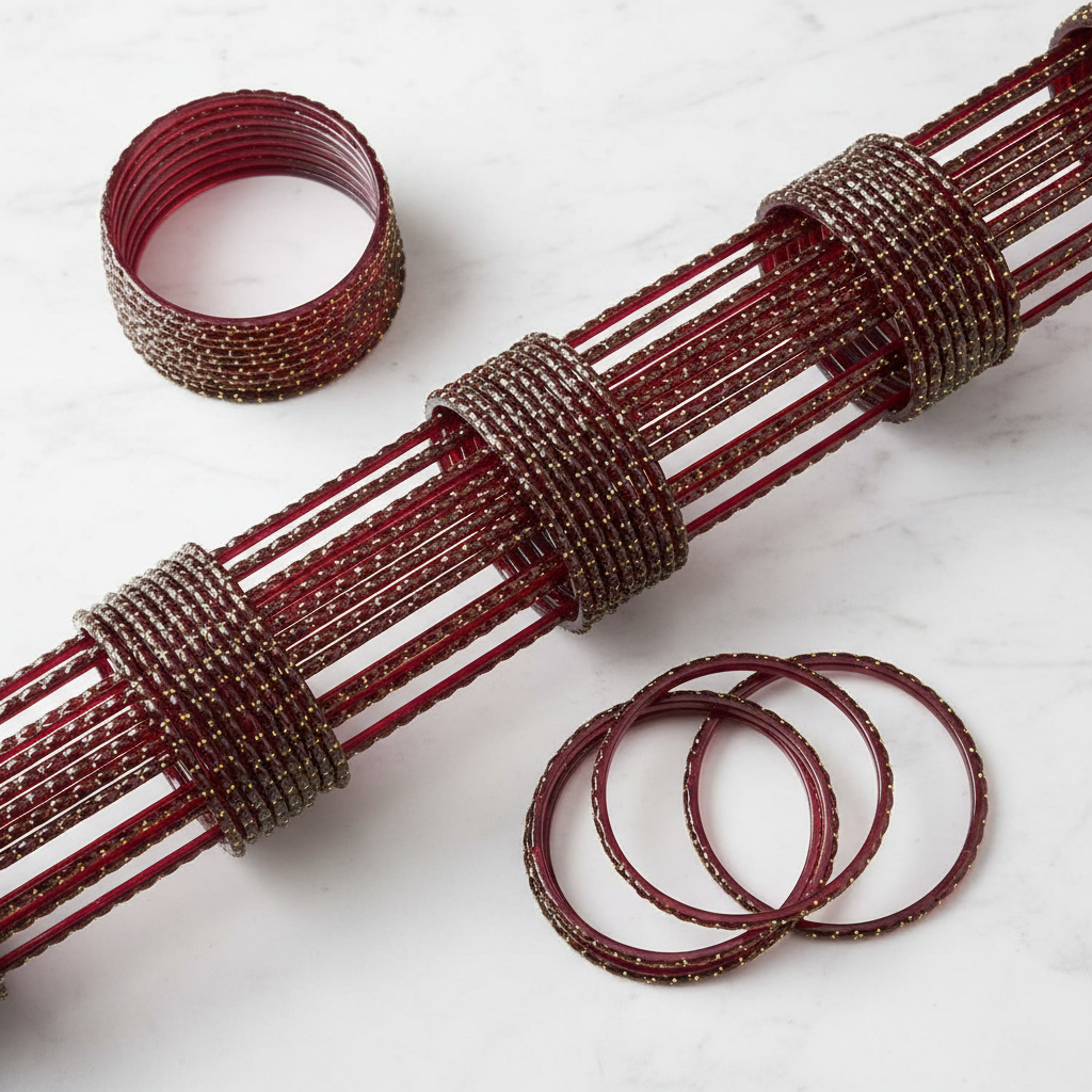 Maroon raindrop glass bangles flat lay on marble