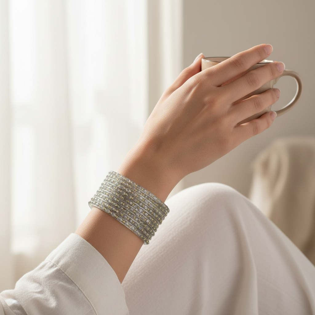 Light grey bangles worn on wrist lifestyle shot