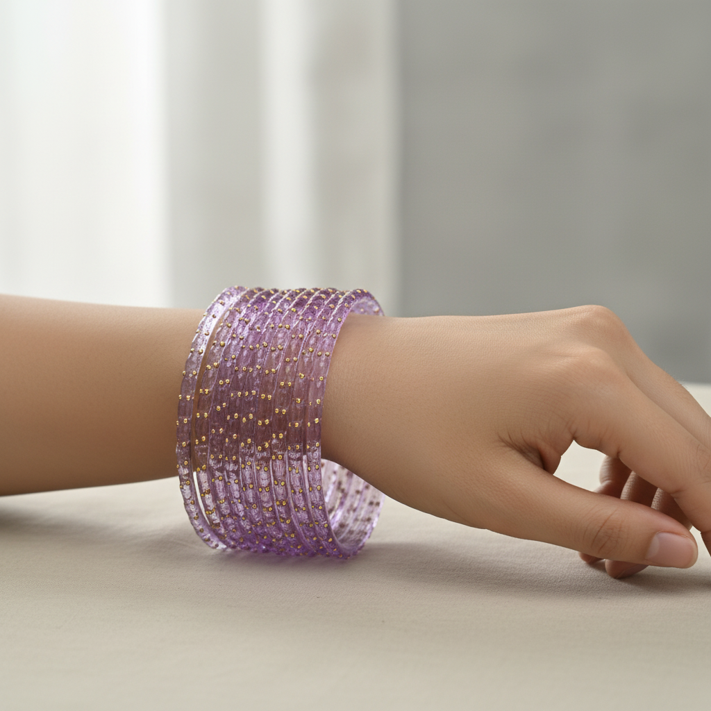 Lavender bangles worn on wrist