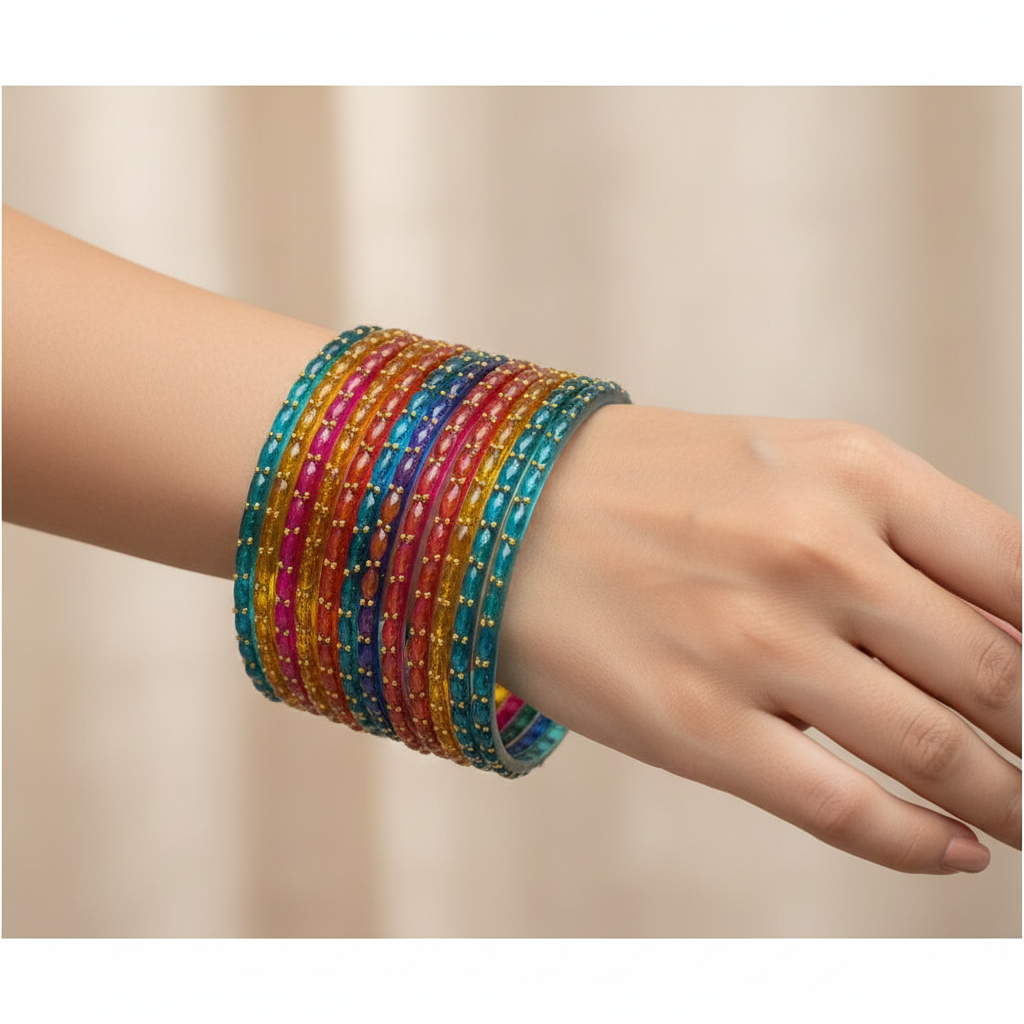 Multicolor glitter bangles worn on wrist
