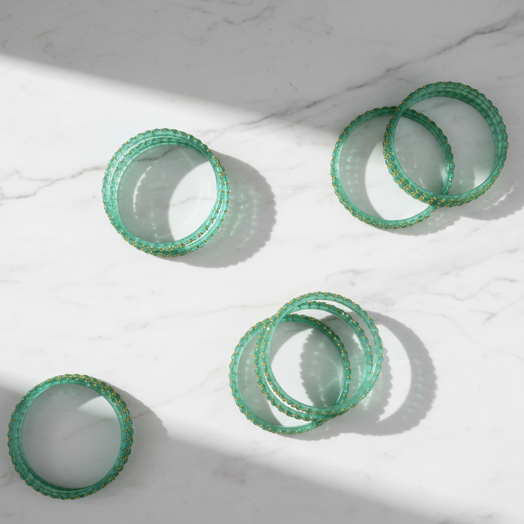Seafoam green bangles flat lay on marble