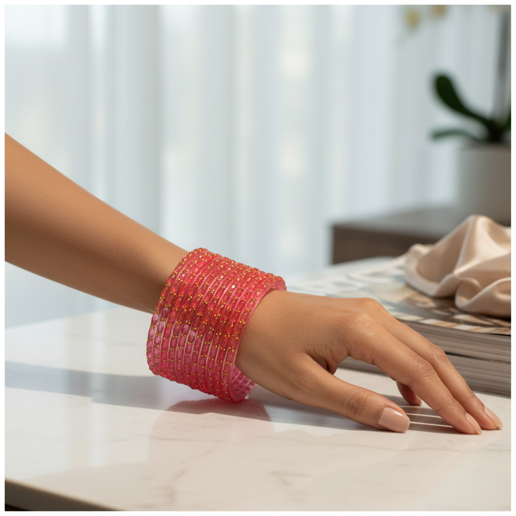 Neon pink raindrop glass bangles on wrist