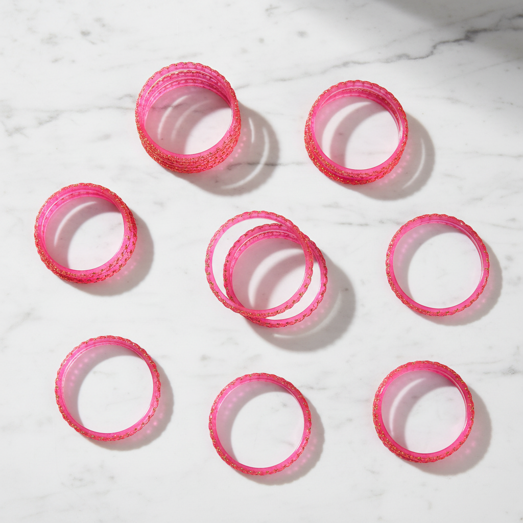 Neon pink raindrop glass bangles flat lay on marble