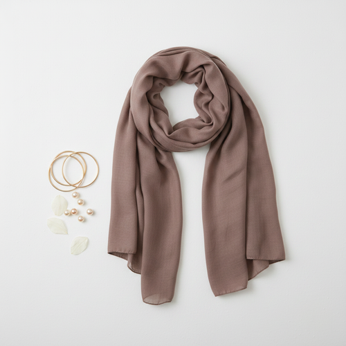 Brown plain modal scarf flat lay with gold bangles