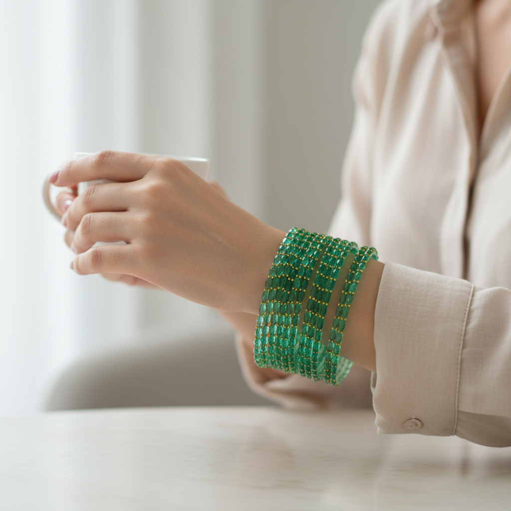 Seafoam green bangles worn on wrist