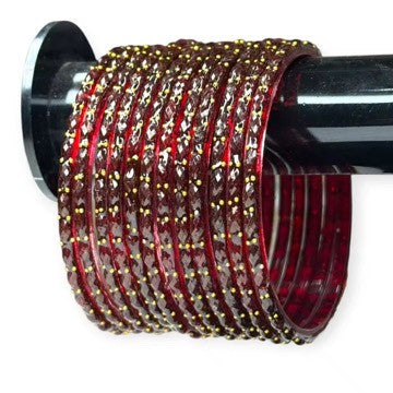 Maroon raindrop glass bangles with gold accents